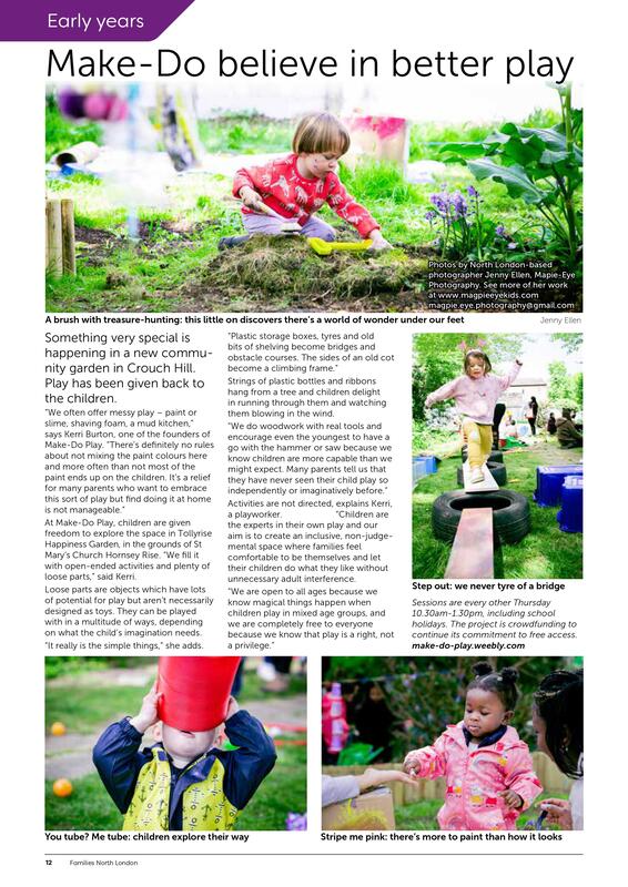 A magazine article with photos of children digging in the garden, balancing on tyres, painting and playing with playing with plastic tubes. Text below.