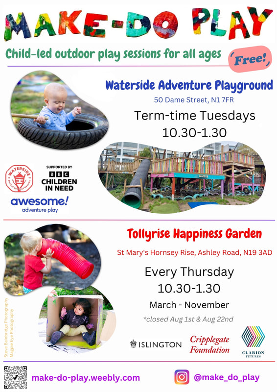 A flyer with the above information and photos of a colourful playground, a baby in a tyre, a child playing with a plastic tube and a child in a cardboard box