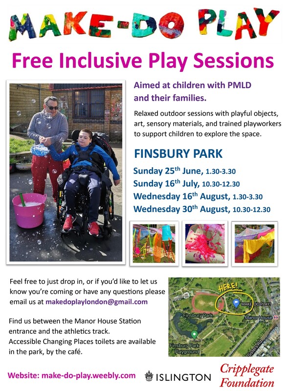 A flyer with the below information and a photo of a child sitting in his wheelchair using a tennis racket to make bubbles from a tub of water, with support from an adult.